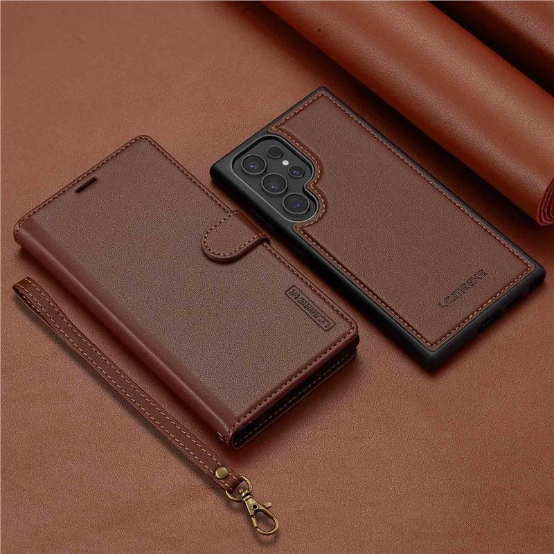 2-in-1 Magnetic Detachable Case for Samsung S25 Ultra, A17 Flip Cover with Card Slot and Lanyard, Leather Case A5655