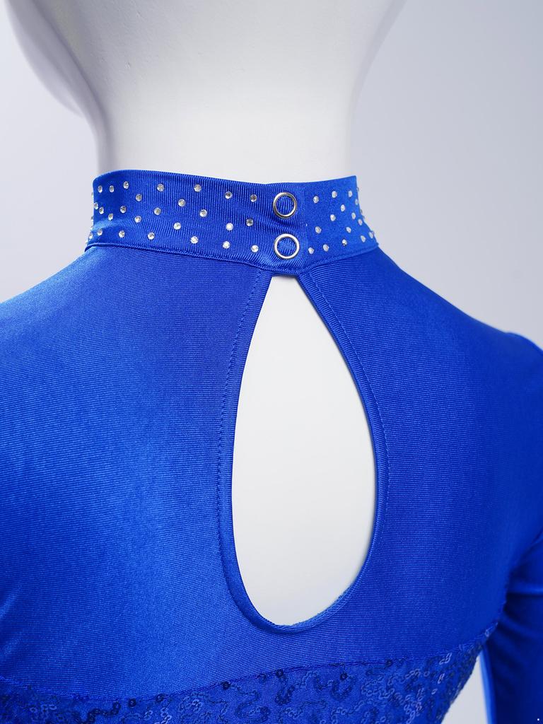 Dziewczęcy Crop Top do Tańca Jazzowego z Wysokim Dekoltem i Długim Rękawem, Przezroczysta Siateczka, Patchwork, Błyszczące Płatki, Kostium na Występ