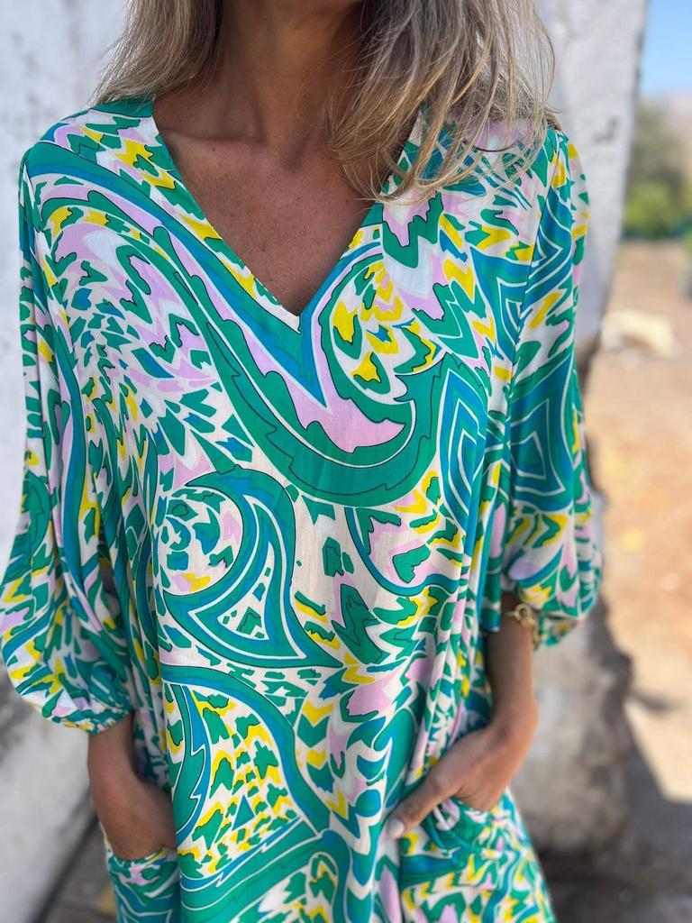 Vestido Longo Casual Soltinho com Decote V e Estampa Feminino 2025