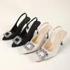 Pointed-toe Square Buckle Rhinestone Shoes Empty Single Shoes Women's Toe Cap Thin Heels, Fashion Sandals