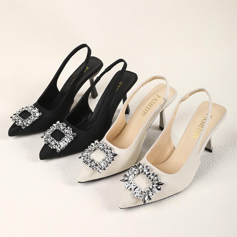 Pointed-toe Square Buckle Rhinestone Shoes Empty Single Shoes Women's Toe Cap Thin Heels, Fashion Sandals