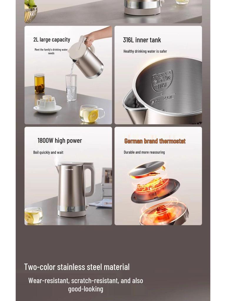 Joyoung 2L Stainless Steel Electric Kettle with Auto Power-Off and Anti-Dry Burn Protection (K20FD-W198)