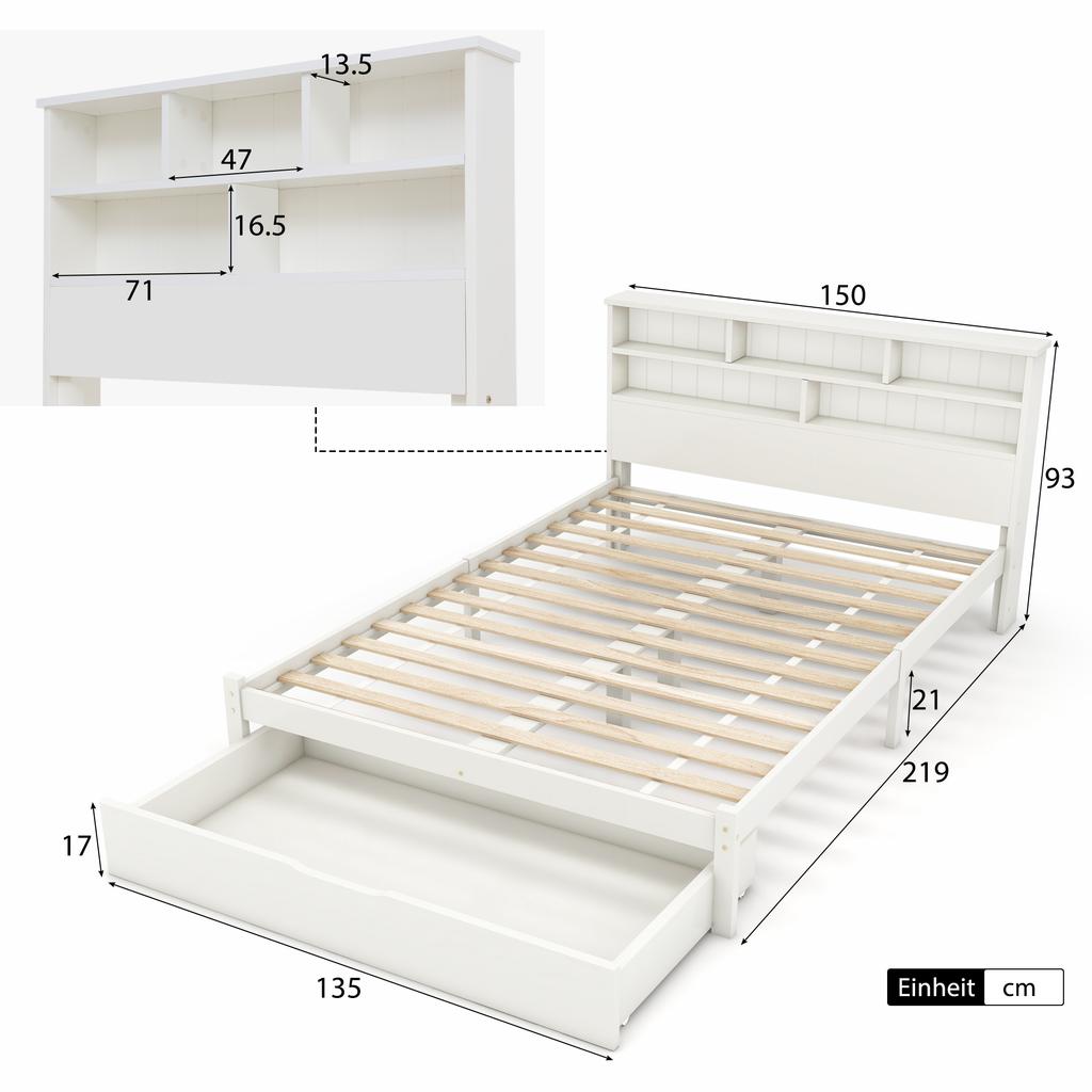 Massivholz Doppelbett mit Schubladen und Lattenrost, Bücherregal Jugend und Erwachsenen Kinderbett, 140x200cm Weiß