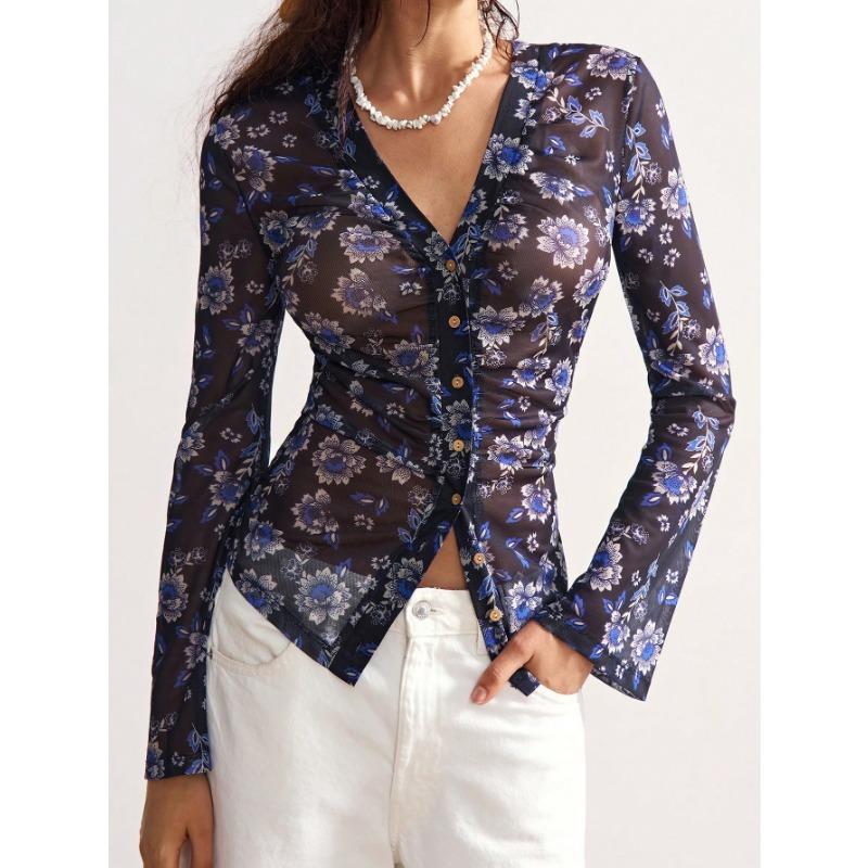 Camicia da donna elegante a maniche lunghe con scollo a V, vestibilità slim, con stampa, per il lavoro e il tempo libero
