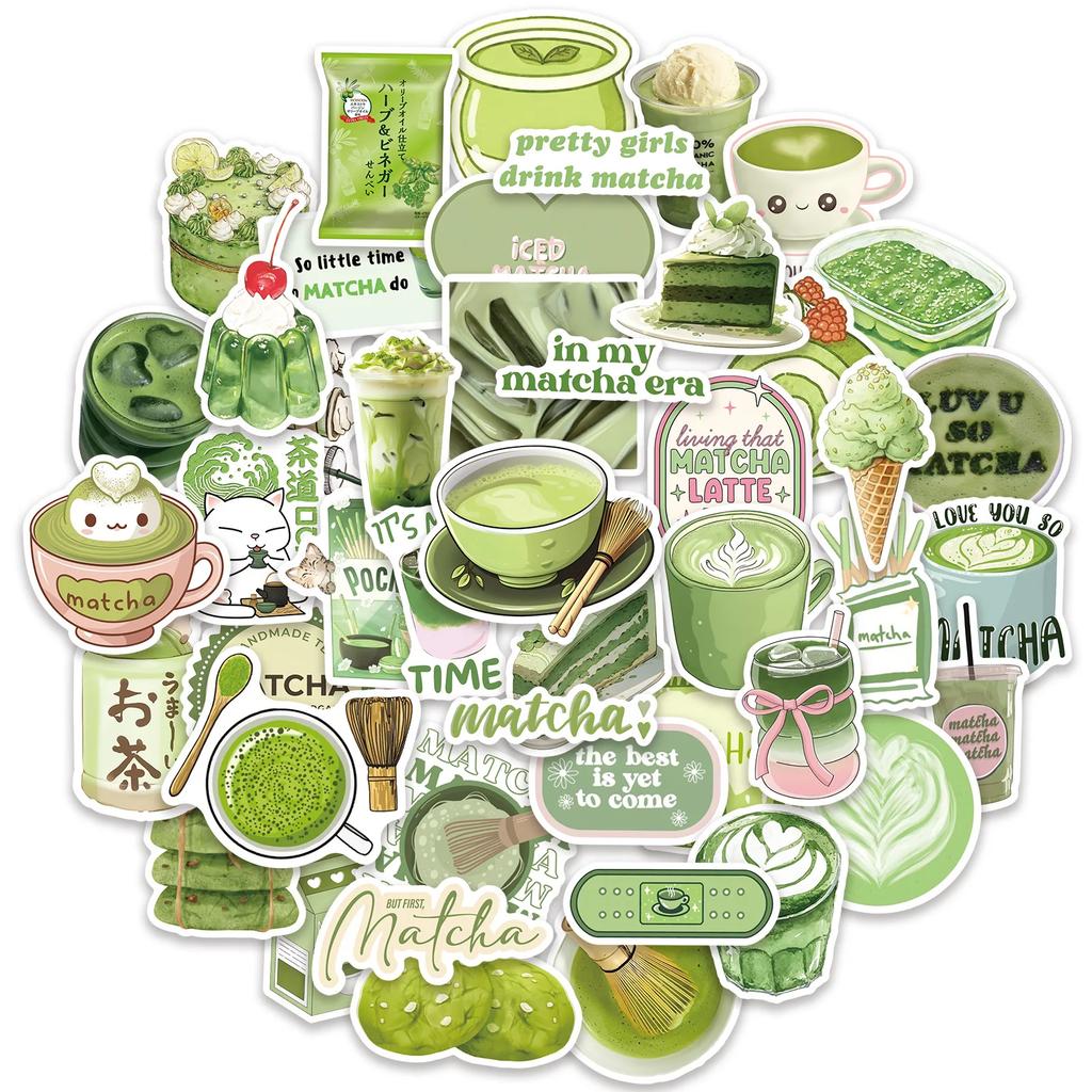 50Pcs Green Ins Style Matcha Dessert Cartoon Cute Fun Doodle Stickers Diy Water Cup Guitar Waterproof Decal Children'S Toy Gifts