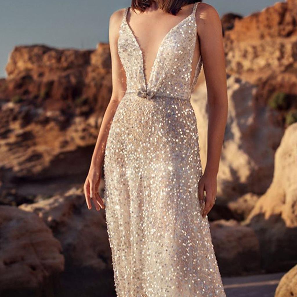 Summer New European And American Women'S Clothing Wish Dress V-Neck Sleeveless Waist Silver Sequined Suspender Dress
