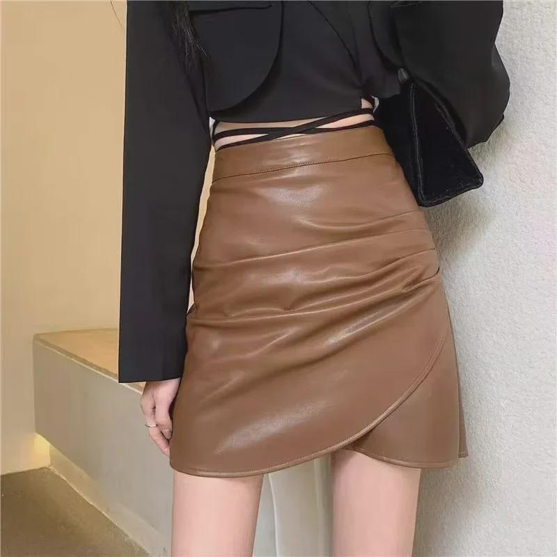 Fustă Neagră A-Line din Piele PU cu Talie Înaltă pentru Femei - Tiv Neregulat, Colecția Primăvară/Toamnă/Iarnă 2024