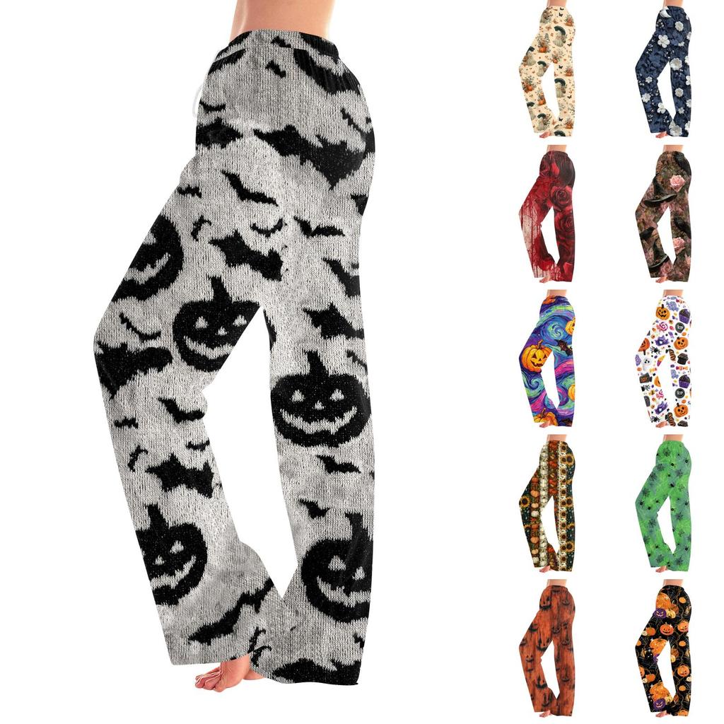 Pantaloni Pigiama da Donna con Stampa di Halloween, Vita Elastica e Coulisse, per Uso Casual e da Notte