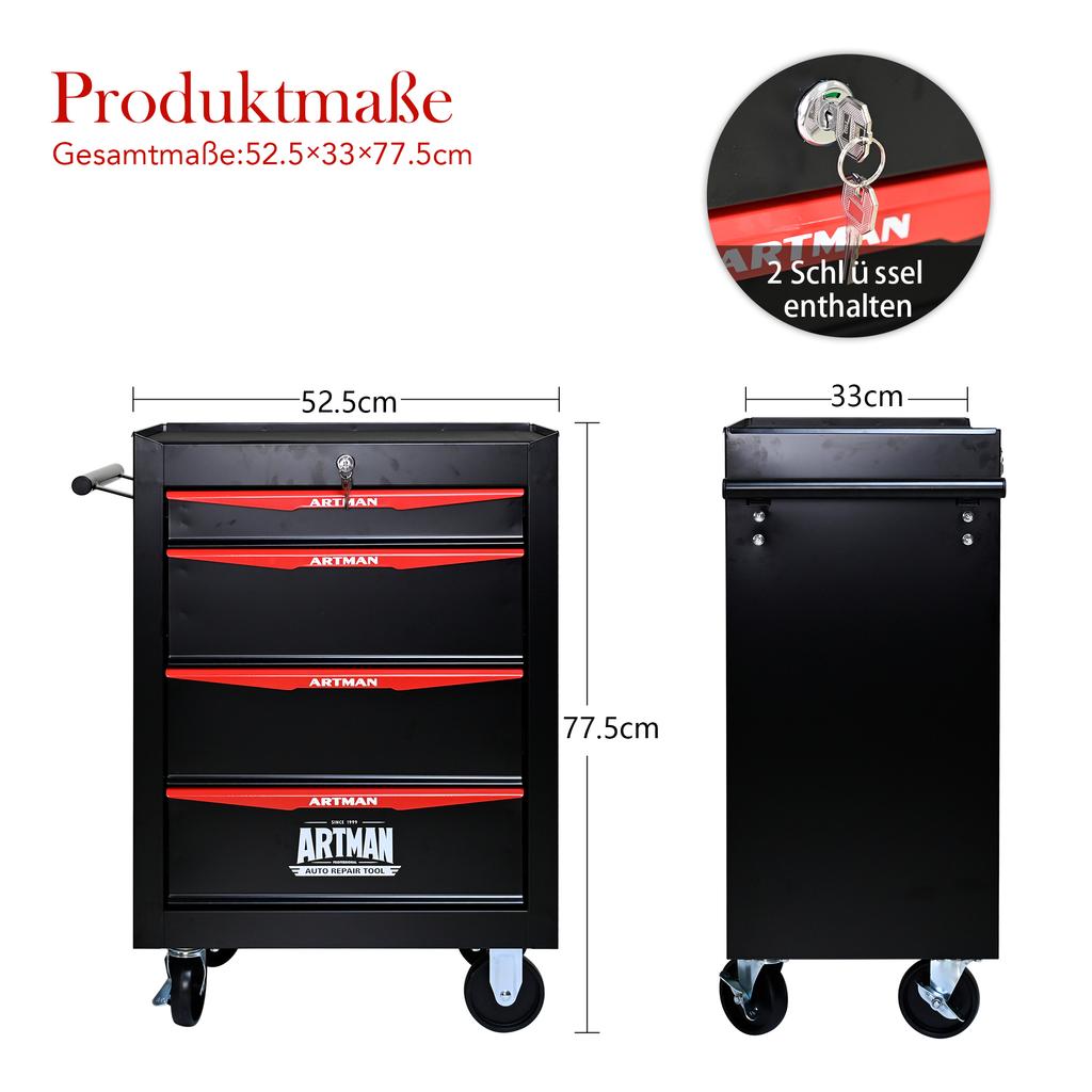 Mobile Metal Tool Cabinet with 4 Drawers, 508 mm (20 Inch), and Ball-Bearing Drawer Slides, Organizing Steel Tool Box – Black-Red