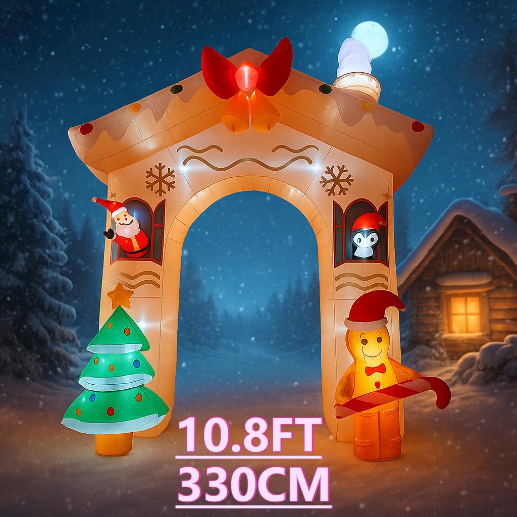10.8FT LED Inflatable Xmas Yard Archway Decor Santa Penguin Gingerbread Man Xmas Home Decorations Ornament Supplies Toy Gift