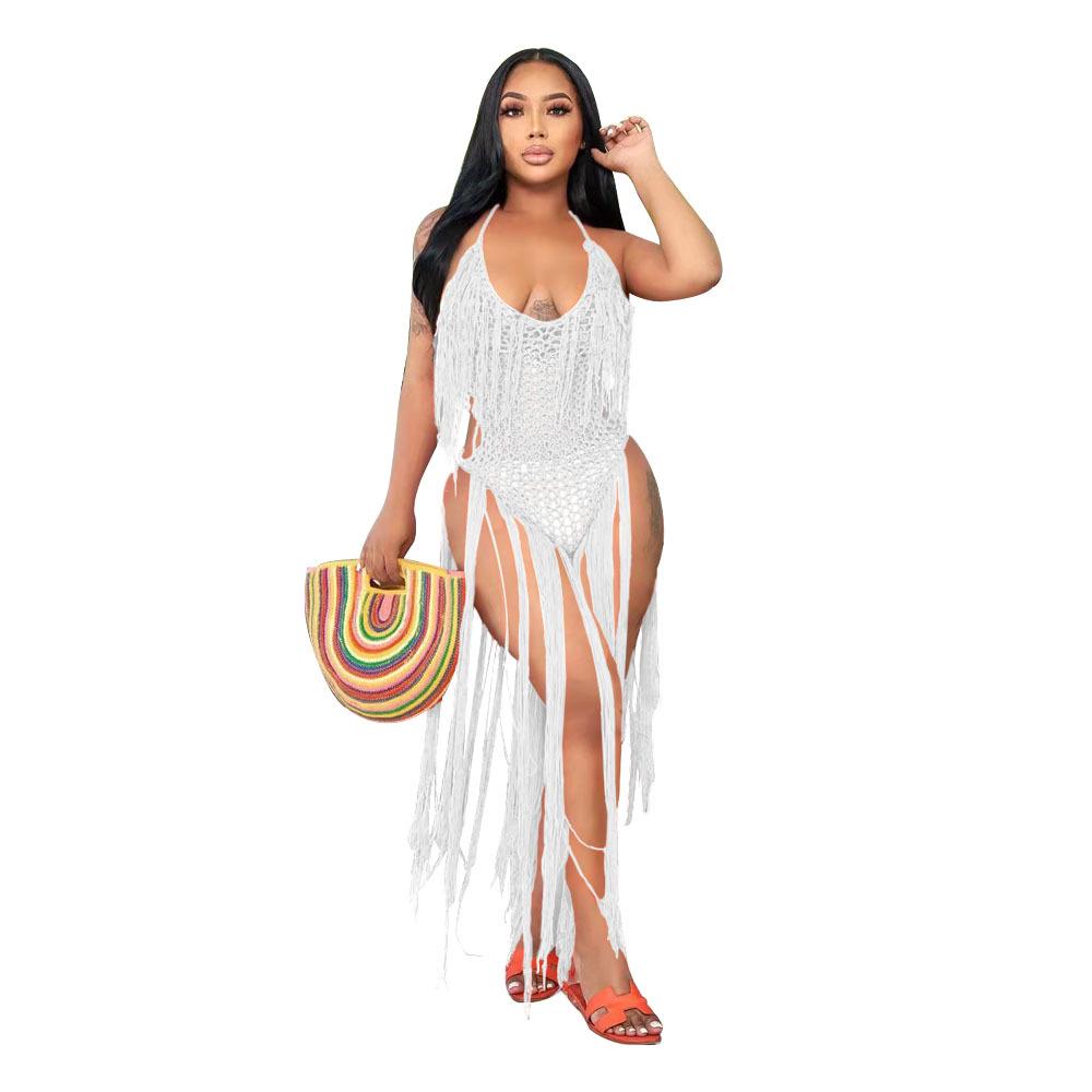 TS1205 European & American Women s Long Tassel Hollow Knit Swimsuit