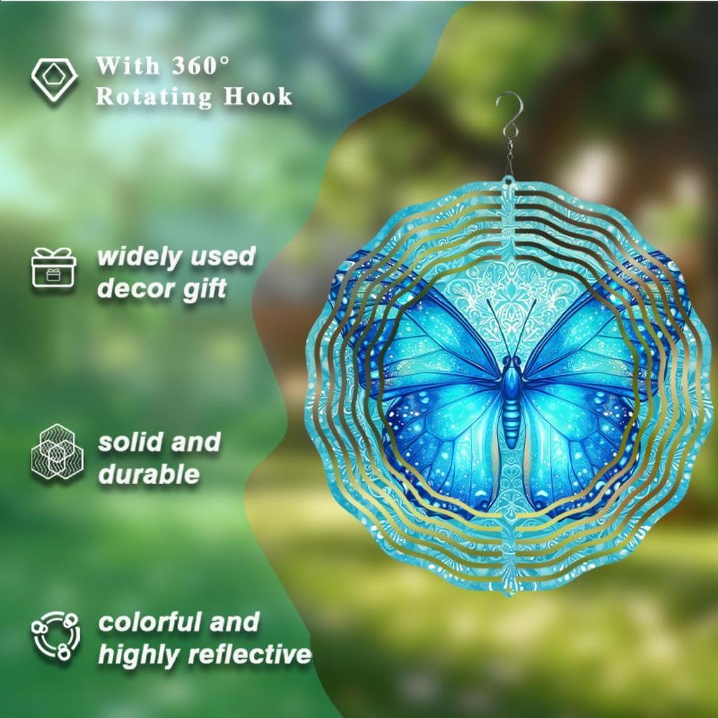 10 Inch Metal Wind Chime with 360 Degree Rotating Blue Butterflies for Patio Balcony Garden Decoration No Electricity Needed