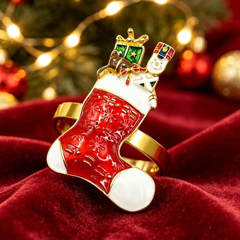 Set of 6 Christmas Stocking Napkin Rings in Alloy, with Gift and Soldier Accent, Enamel Napkin Holders for Rolled Napkins at Holiday Dinners and