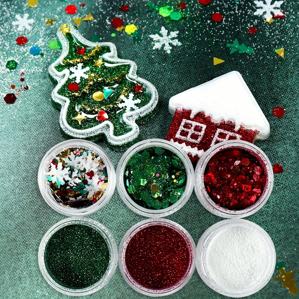 Christmas Resin Filler Glitter Flakes 6-Pack - Festive Red & Green Sparkling Sequins - Snowflake, Christmas Tree & Star Confetti