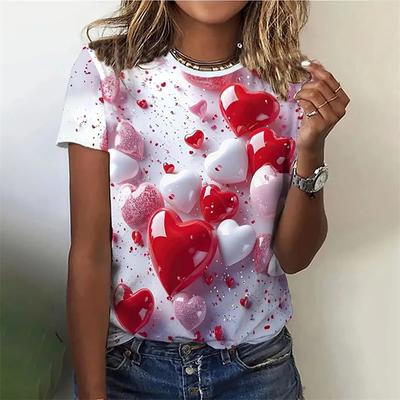 T-shirt met Liefdeshartpatroon voor Dames Kleurrijk 3D-Geprint Korte Mouwen T-shirts Zomer Casual Losse T-shirts Streetwear O-Hals Tops