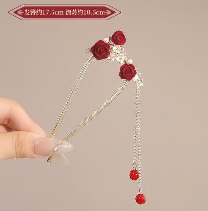 Chinese Style Rose Flower Hair Stick Hairpin For Women Red Flower Hair Comb Handmade Metal Alloy Headwear Girls Hair Accessories