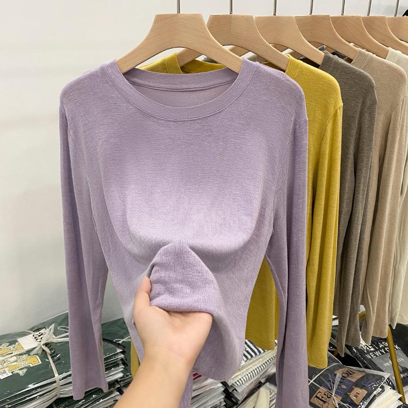 Soft waxy mask t early spring autumn winter 2024 new loose long-sleeved t-shirt women's simple inner layering shirt solid color top
