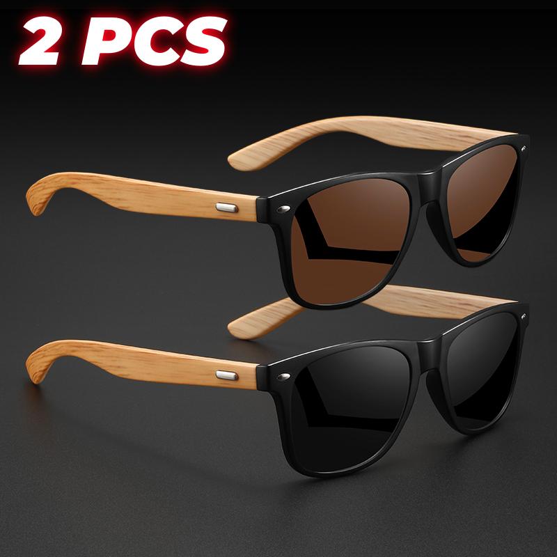 2PCS Retro Square Sunglasses Bamboo-Like Temple Silver Rivet Accents UV400 Unisex Gift for Outdoor & Daily Vintage Elegance
