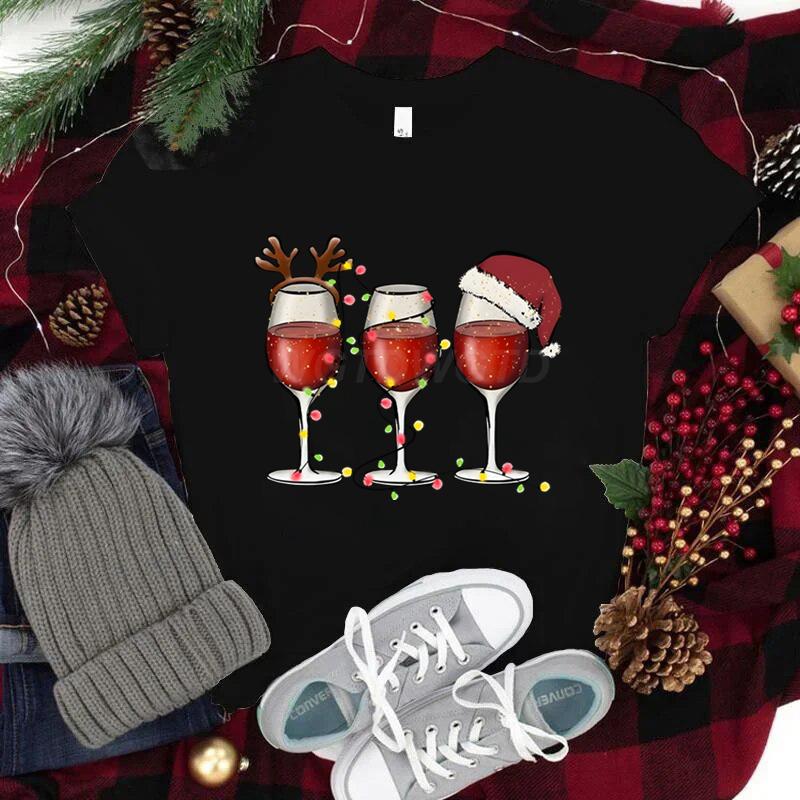Women Wine Glass Christmas Hats T Shirt Lights Xmas Gifts Cartoon Top Happy New Year Tshirt Harajuku Fashion Womens Clothing