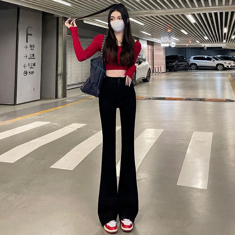 

Универсальные джинсы с высокой посадкой и слегка зауженные, женские осенне-зимние новые тонкие и облегающие эластичные брюки-клеш XL recommends about 120-65kg