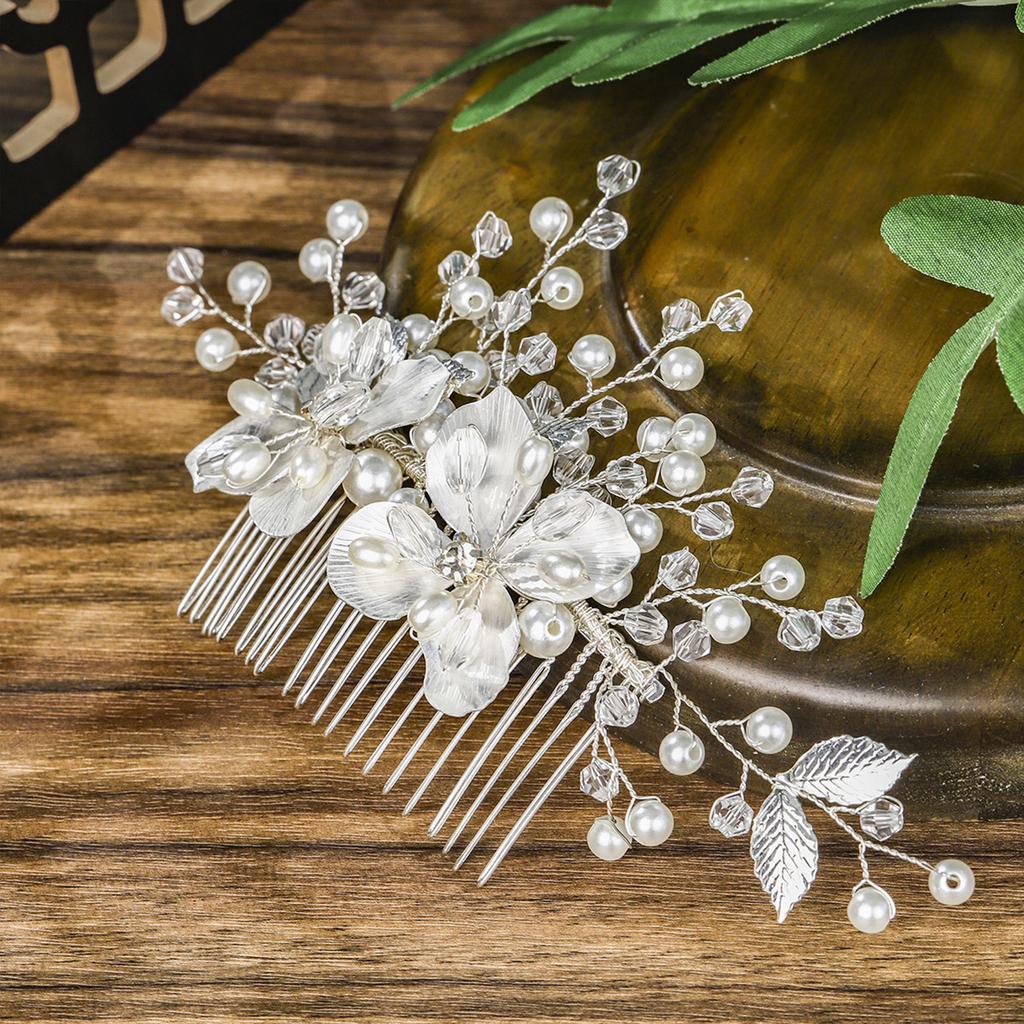 Side Hair Comb with Flower Decor Wedding Elegant Alloy Comb Barrette for Birthday Stage Party Hairstyle