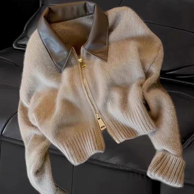 Zipper Cropped Cardigan Women Thick Knitted Sweater Bomber Jacket Vintage Short Fitted Knitwear Coat