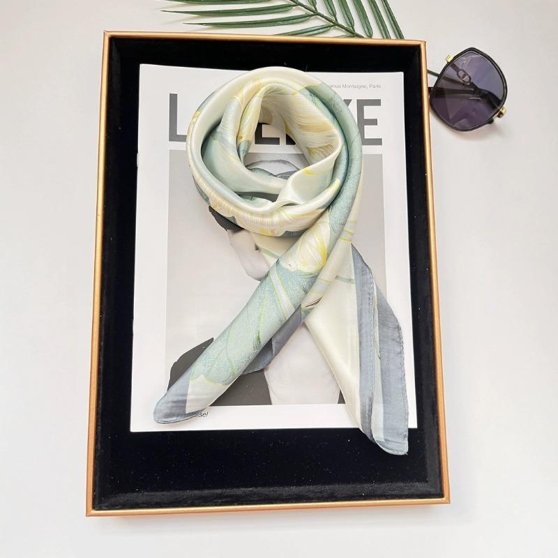 70cm Fresh Lotus Silk Scarf Women's Imitation Silk Fresh and Elegant Printed Scarf Thin Spring Summer and Autumn Shawl Headscarf