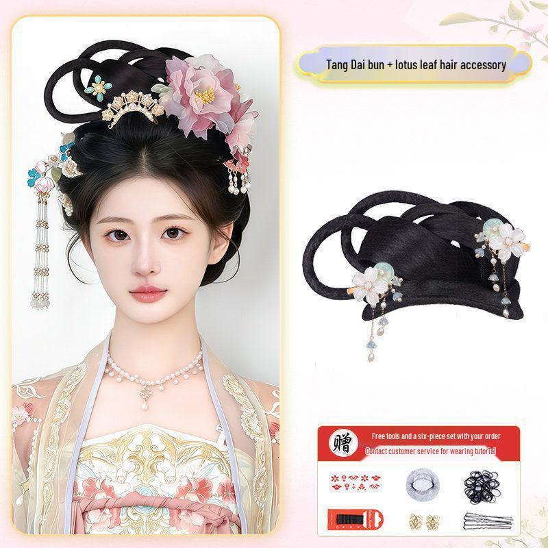 Hanfu Soft Bottom Wig with Tang & Ming Style Hair Bun Headdress for Performance