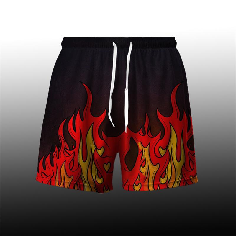 Flame Pattern Cool Harajuku Men's Board Short Y2k Personality Fire Stripe 3D Print Beach Shorts Breathable Loose Fashion Trunks