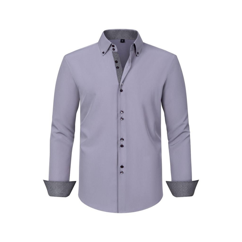 Four-sided Stretch Men's Shirt Polka Dot Color Block Design Double-breasted Color Blocking Shirt