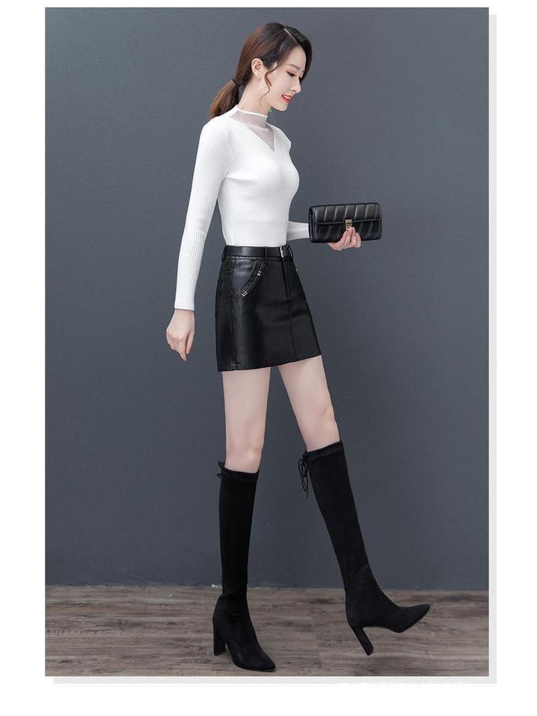 Plus Size Women's High-Waist Sheepskin Leather Shorts - Wide Leg Slimming Casual Hot Pants for Autumn/Winter 2025.