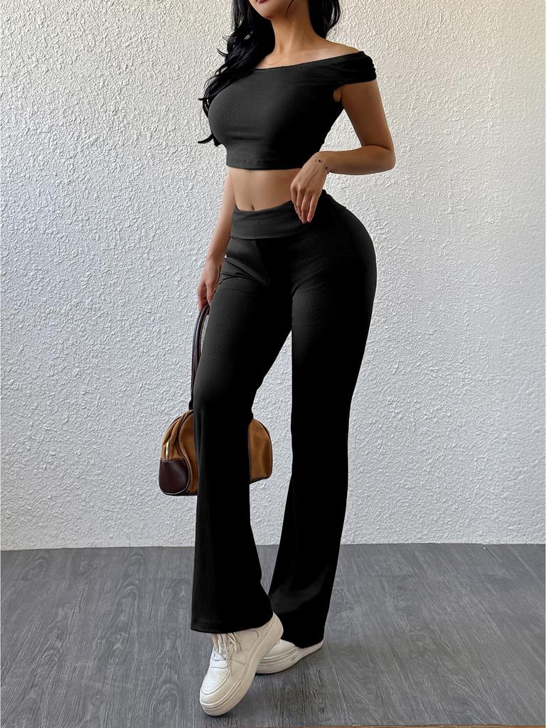 Women Y2K Solid Color Crop Top Long Pants Set Slim Sexy Casual Sportswear Summer