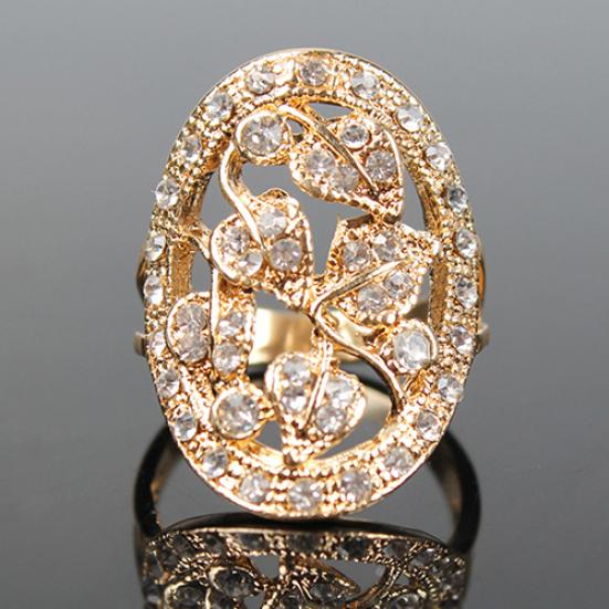 Women Luxury Golden Color Leaves Hollow Rhinestone Wedding Banquet Ring Jewelry