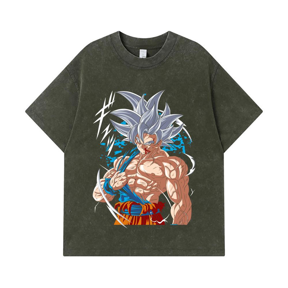275 GSM Washed T-shirts 100% Cotton Dragon Ball V47 Goku Ultra Instinct Print Unisex Heavy Cotton T Shirt S армия зеленый