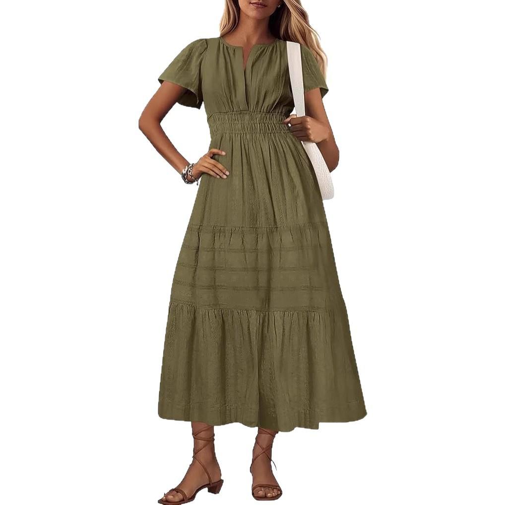 2026 Spring and Summer European and American Women's Fashion V-neck Pleated Bubble Sleeves Layered Pendulum Dress Women