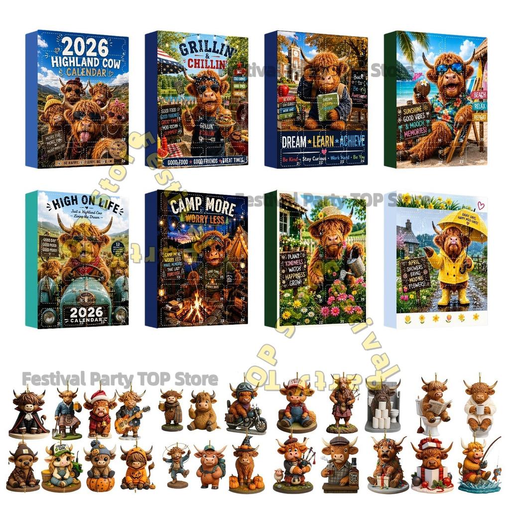2026 New Highland Cow Figures Advent Calendar , 24PCS Decorative Hanging Ornament Countdown Calendar Christmas Gift Supplies