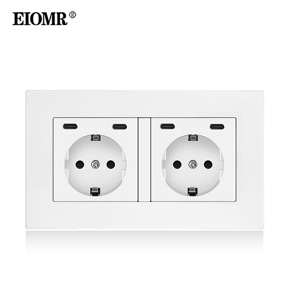 

EIOMR EU Standard USB-C Power Double Socket, AC 250V 16A Flush Mount Wall Socket, 5V 2.1A USB-C Port Standard Electrical Outlet Plastic White