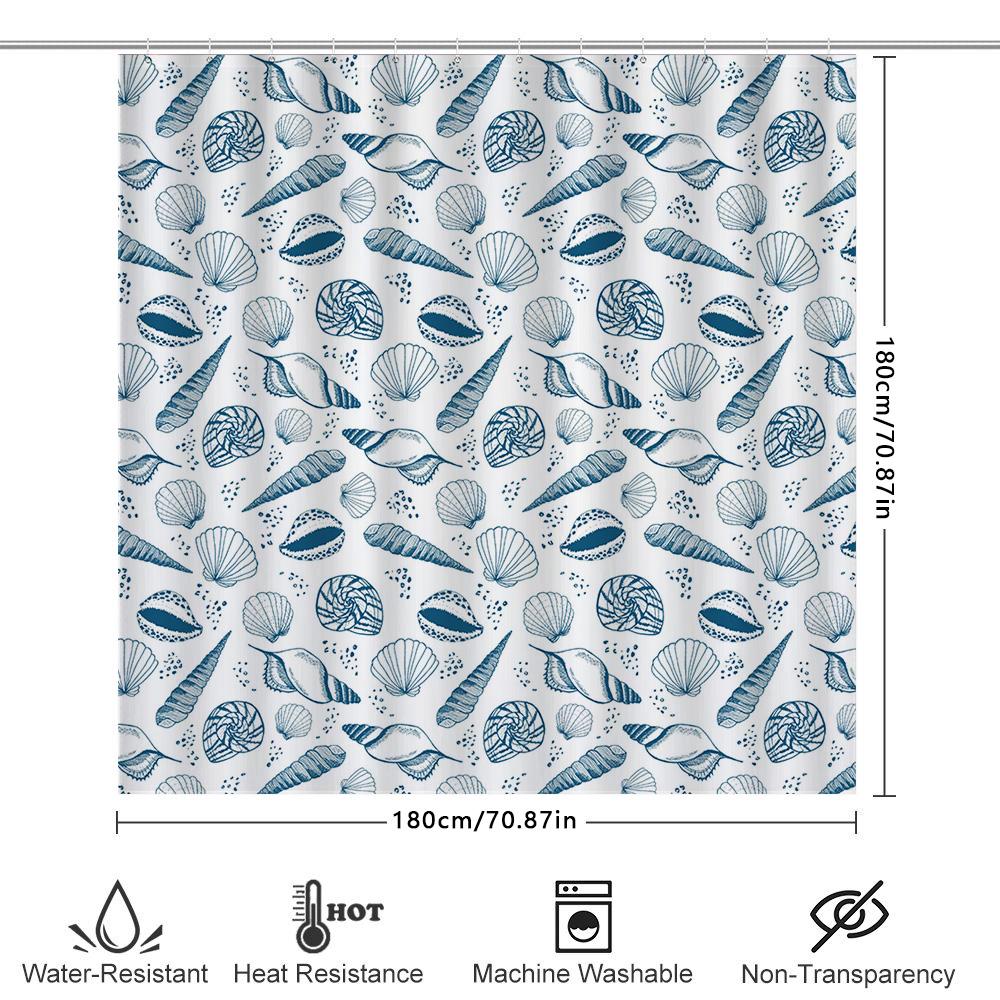 Sea Shell Shower Curtain Bath Decor Blue White Marine Printed Polyester Waterproof Bathroom Rug Mat Cover