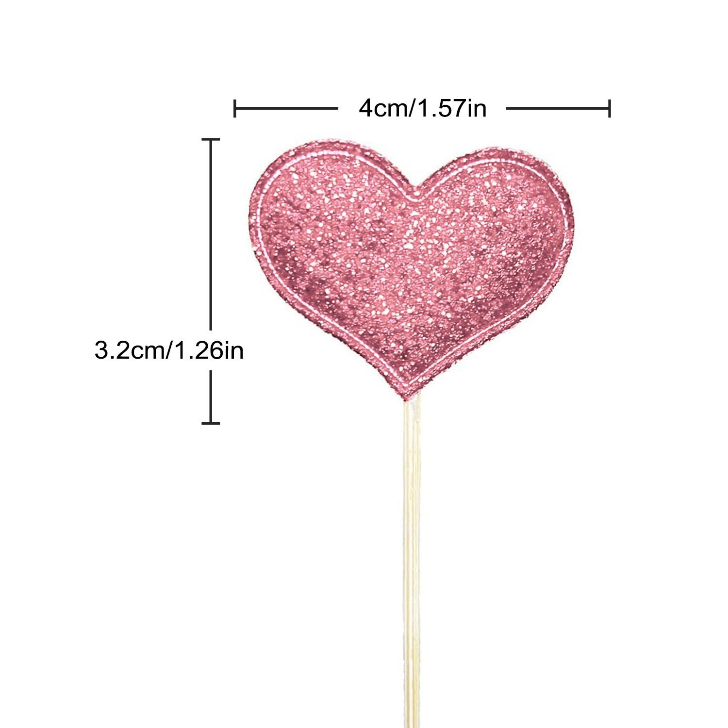 100pcs Glitter Pink Heart Cake Toppers Heart Cupcake Toppers Valentine's Day for Sweet Love Theme Wedding