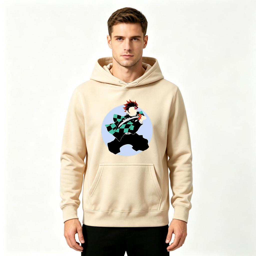Men's Anime Character Print Pullover Hoodie Casual Long Sleeve Black Hooded Sweatshirt for Daily Wear