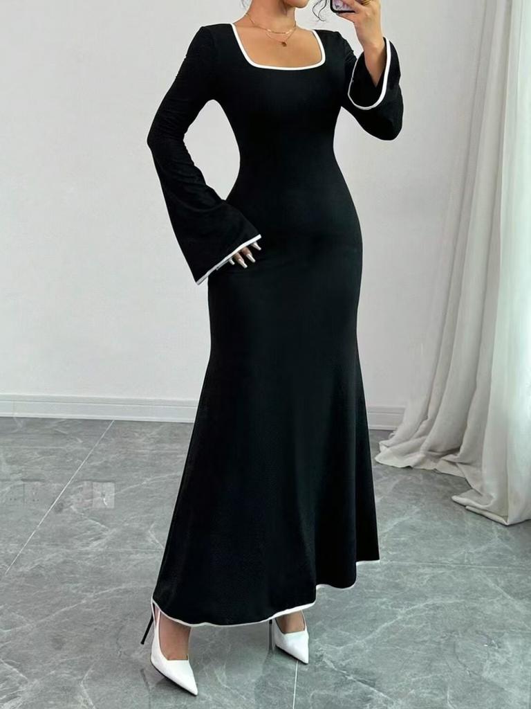 Robe Tricotée Élégante à Manches Longues Color Block Mode Femme