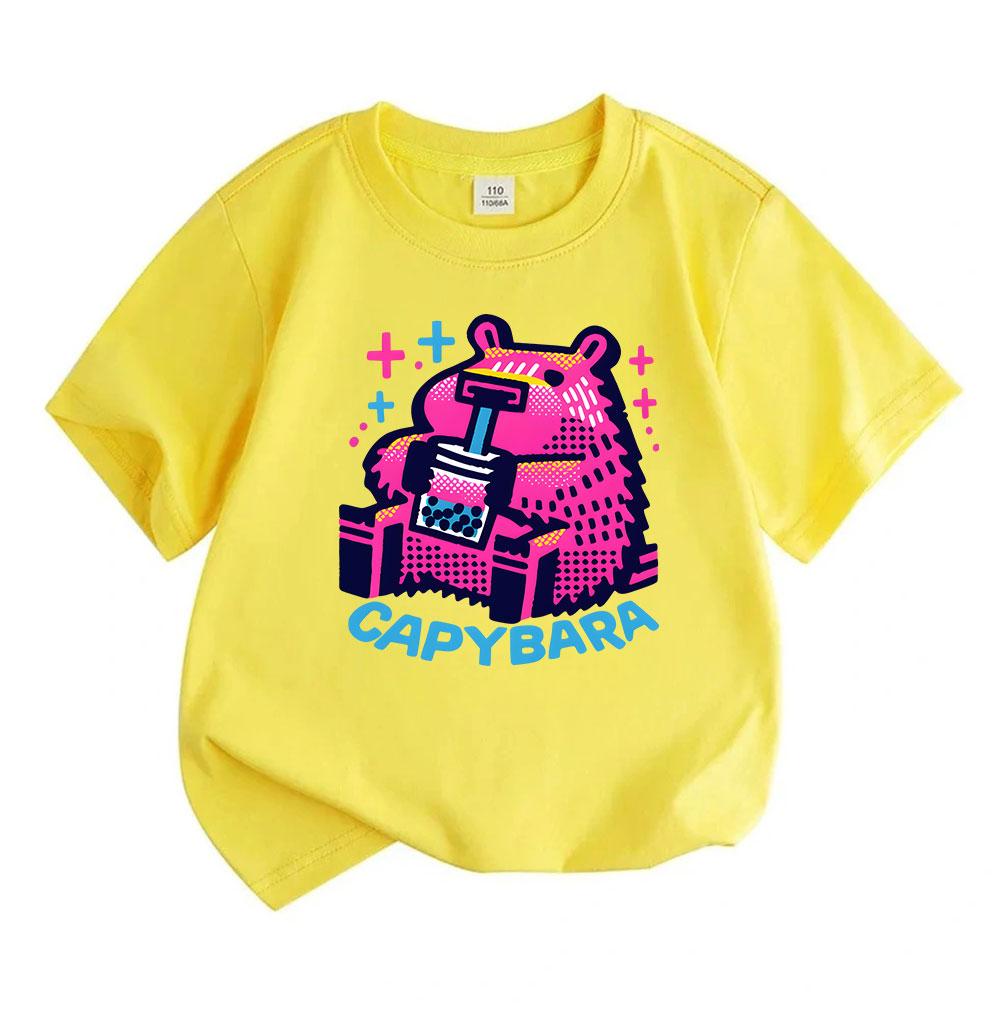 Kids Boys Girls 100% Cotton Crew Neck Short Sleeve T-Shirt, Cute Neon Capybara Bubble Tea Print Casual Soft Breathable Summer Tee Tops for Daily Wear
