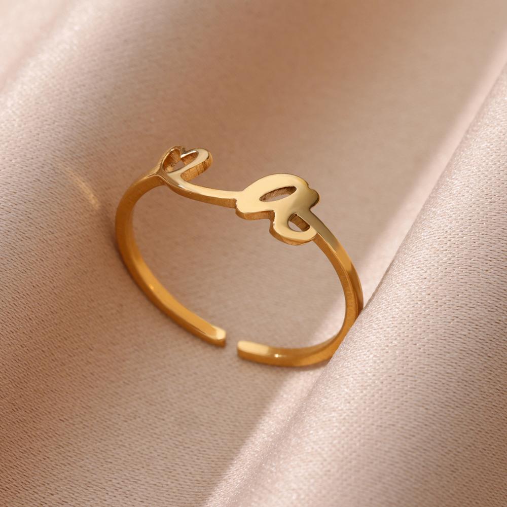 Tiny Initial Letter Rings For Women Gold Color  Stainless Steel Hollow Heart A-Z Initial Letter Ring Wedding Christmas Jewelry