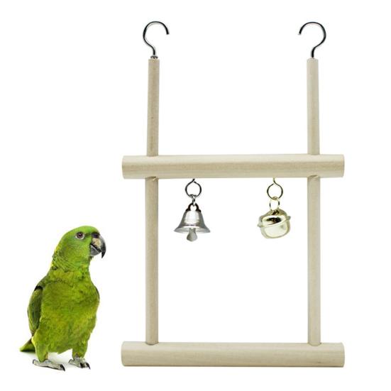 Pet Bird Parrot Wood Bell Stand Holder Hanging Swing Cage Molar Play Chew Toy