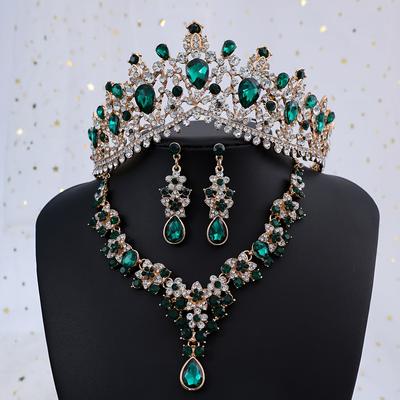 סט תכשיטים לכלה 3 חלקים טארה עגילים שרשרת סט תכשיטים לכלה חתונה ריינסטון טארה כתר סרט ראש נסיכה בארוק כתר לכלה נשים