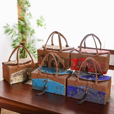 Retro Cloth Storage Bag Rattan Weaving Handbag Cups Sealed Tea Can Gift Box Internally Separated Outdoor Travel Organizer
