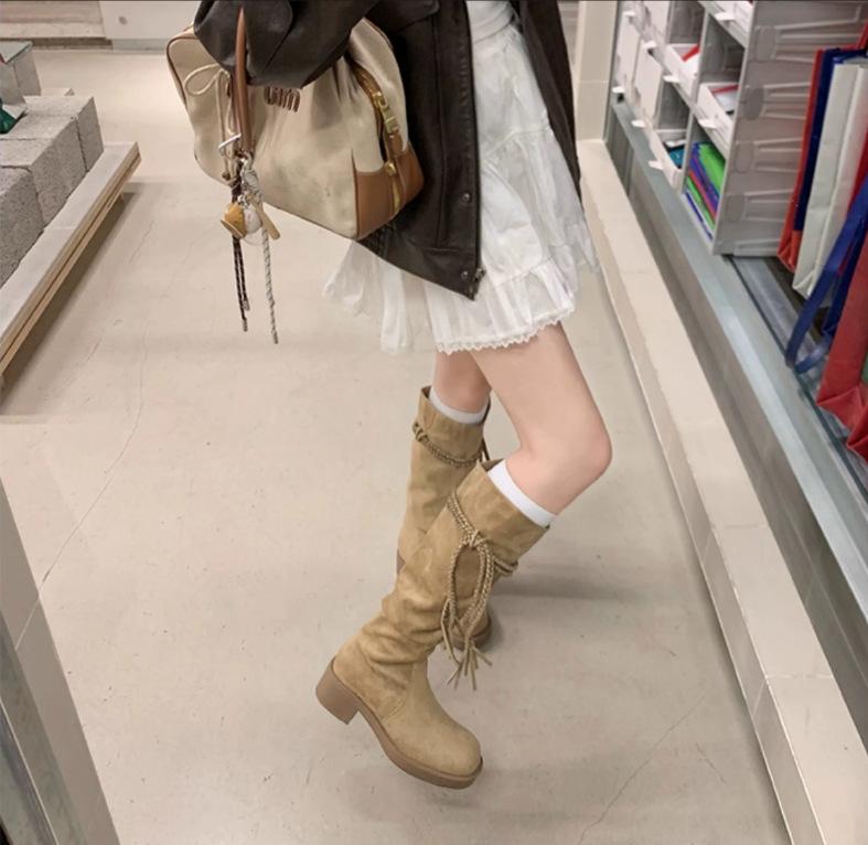 Egyptian style! Retro woven fringed stacking boots women's new medium-length knight boots thick-soled Martin short boots