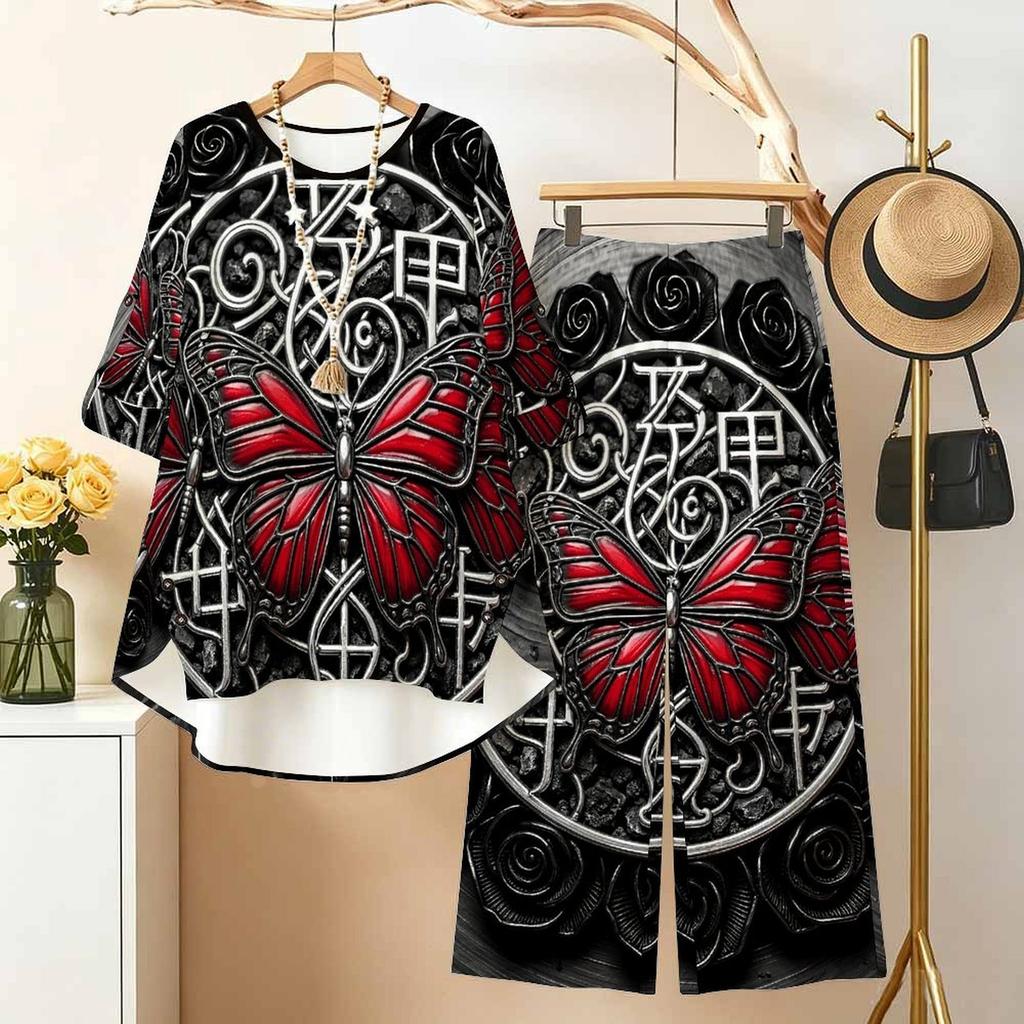 Women's 2‑Piece Outfit, Gothic Butterfly 3/4 Sleeve Irregular Hem Top & Wide Leg Pants Set, Casual Loose Matching Suit