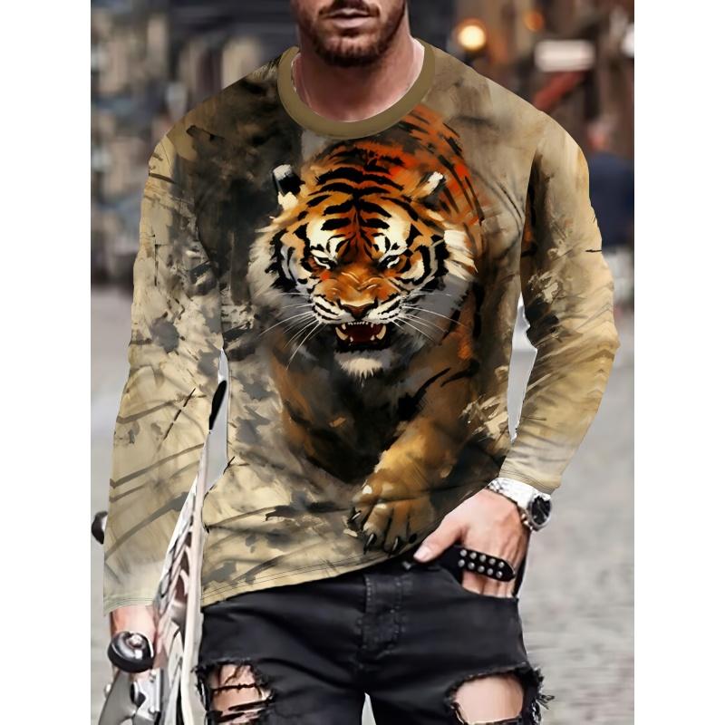 Spring and Autumn Round Neck Animal Pattern 3D Printed Top Fashionable Casual Long Sleeved Men's T-shirts