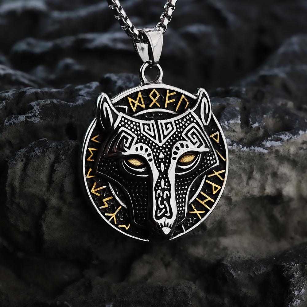 Golden Wolf Head Odin Rune Pendant for Men's Street Personality Stainless Steel Pendant Necklace Jewelry